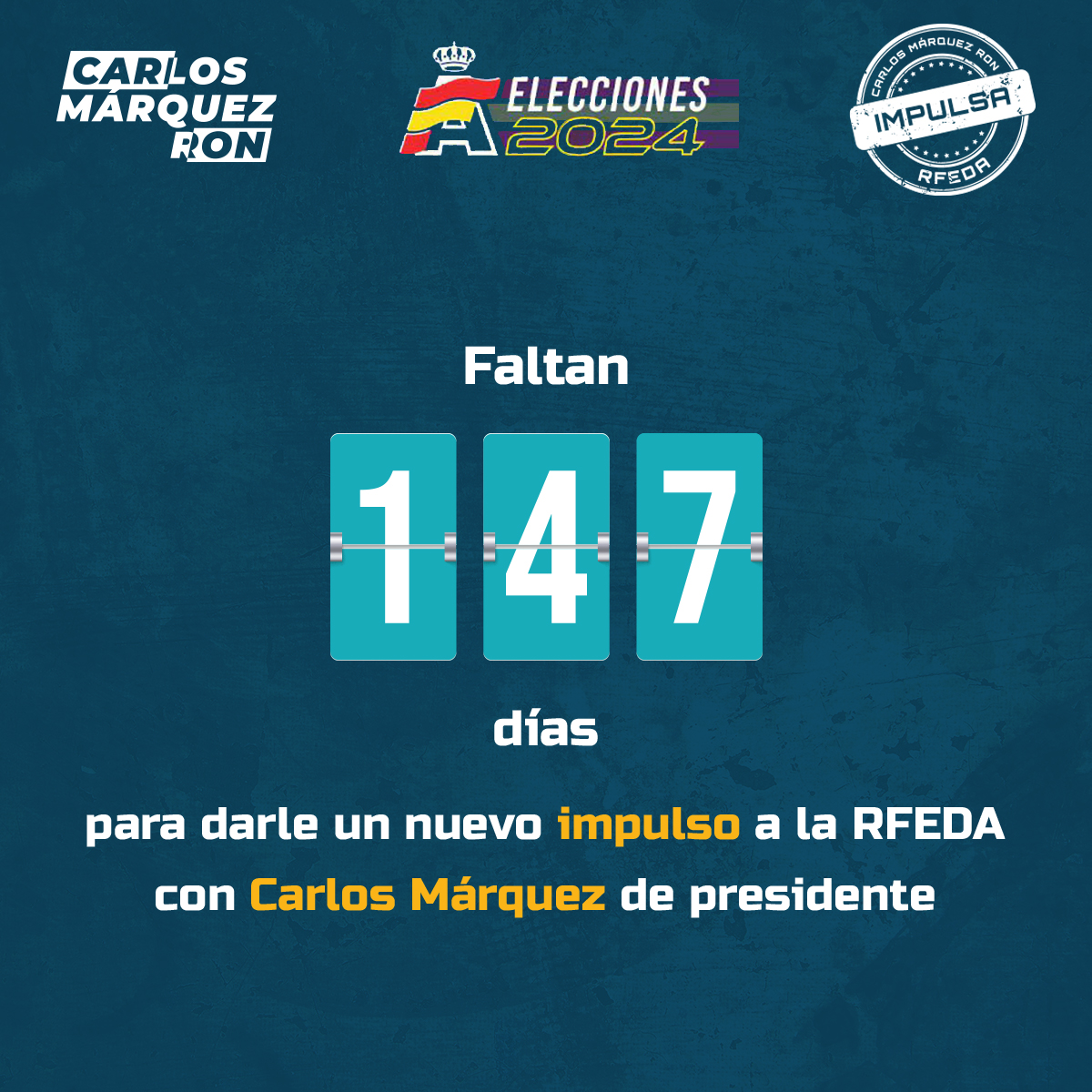 Estos son los días que faltan para que la nueva Asamblea General de la <a href="/RFEdeA/">Real Federación Española de Automovilismo</a> elija a <a href="/c_marquezron/">Carlos Márquez Ron</a> como presidente el 14 de octubre. No es un reto fácil, pero tampoco imposible, y cada día que pasa lo vemos más cerca. Sigue nuestras redes para estar al tanto del proceso.