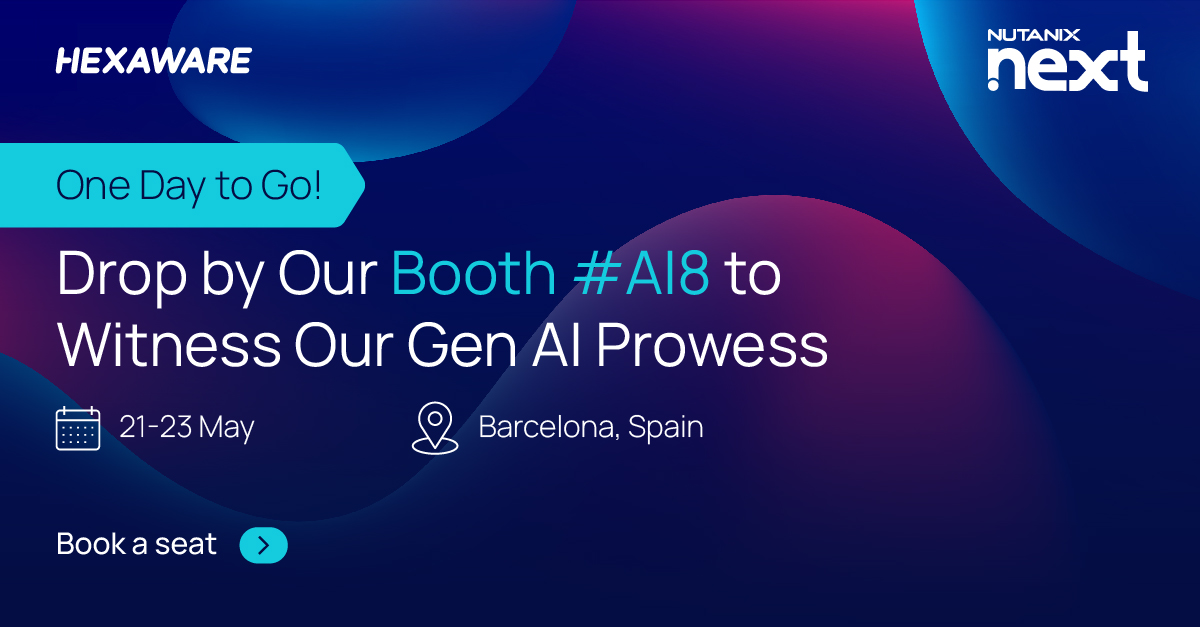 1 day until #NutanixNext kicks off at Barcelona! Join Hexaware to unlock the power of Gen AI. Don't miss out! bit.ly/4axBVYC #AI #GenAI #Innovation #FutureofTech #CloudComputing