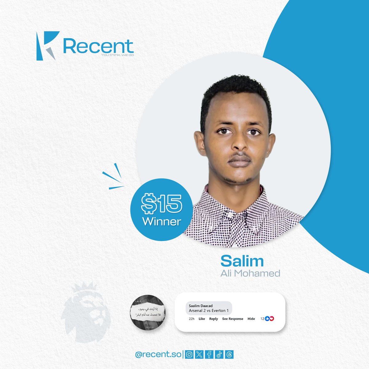 Recentso's tweet photo. Congratulations๐๐ฅณ to the winner of the prediction for the match between Arsenal and Everton, Salim Ali Mohamed.
#Recent #RecentIT #Recent๐ธ๐ด #recentworld #Arsenal #Everton #gunners #Toffees #ARSENALvsEVERTON https://t.co/TfWWVjDCZG