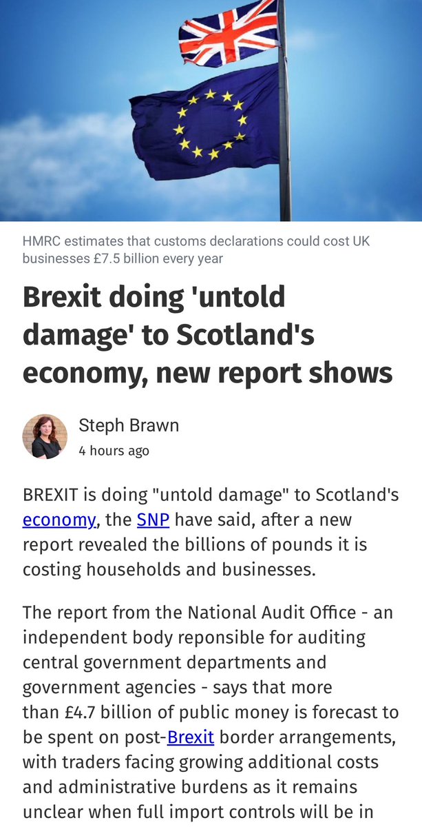 Brexit doing untold damage to Scotland’s economy says new report. Labour & Tories are happy with this crazy self inflicted harm. Only by voting SNP & gaining our Independence can we return to the EU & stop this senseless damage to households & business. #ScottishIndependenceNOW