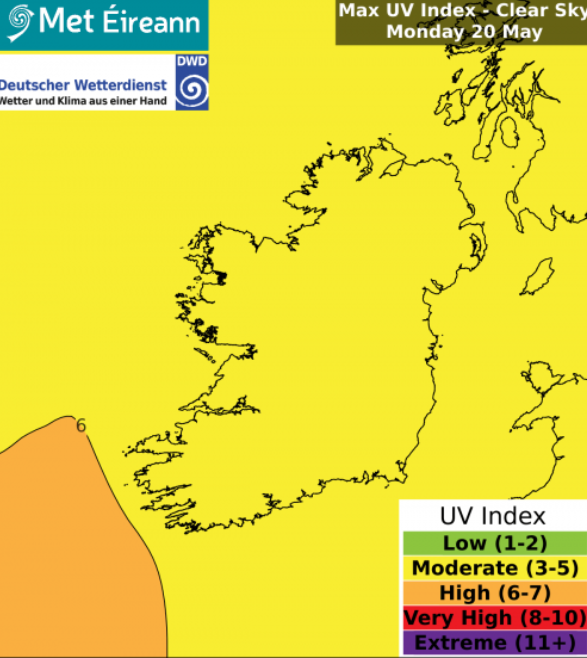 MetEireann's tweet photo. With plenty of sunny skies around today, #UVLevels will be "Moderate" nationwide 😎

More here ⬇️
https://t.co/HPryW0cMDo

For #SunSmart tips check out ⬇️
https://t.co/c1i1nZDnFf https://t.co/kuGYjgI2Ip