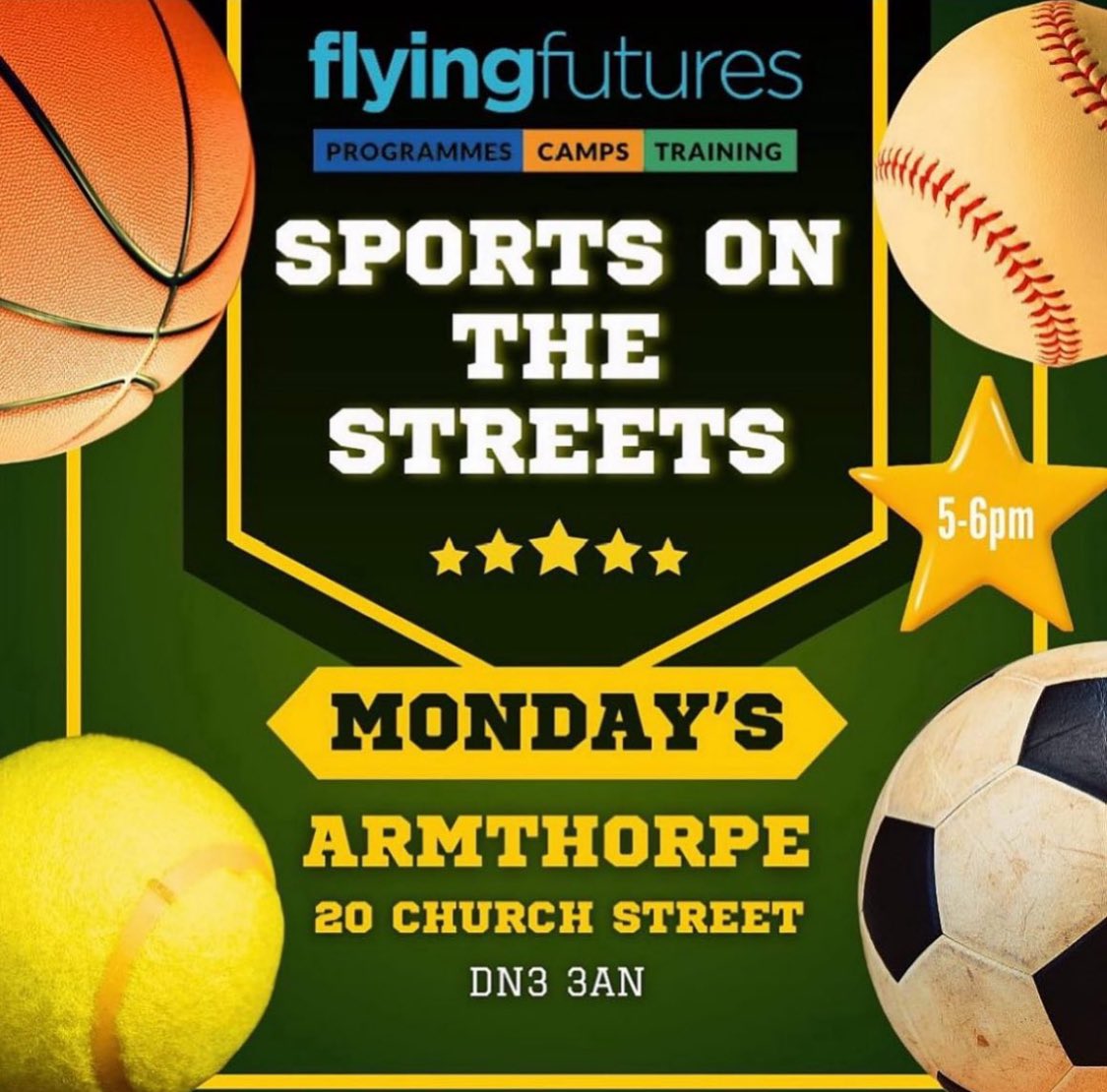 TONIGHT🙌 FREE sports clubs, no need to book, just turn up. Starting on Monday in Armthorpe, 20 Church Street, DN3 3AN (Green space behind community centre) Mondays: 5:00-6:00pm #flyingfutures #sports #sportsonthestreets #free #youthwork #armthorpe