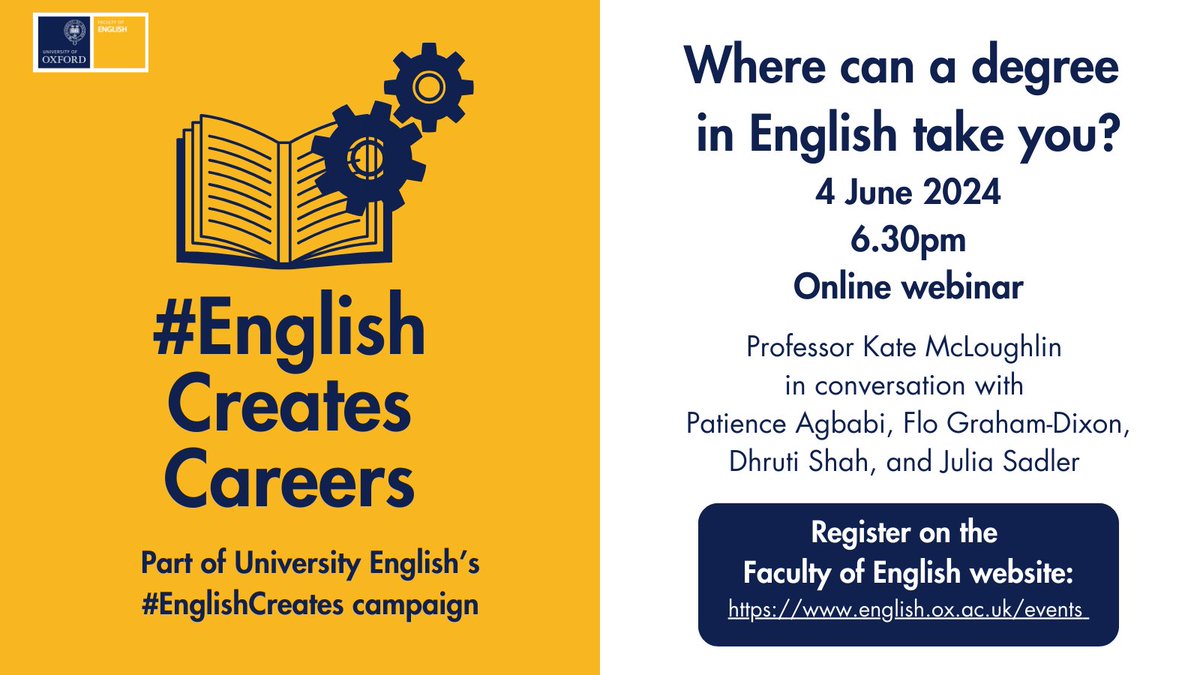 Have you ever wondered what you can do with a degree in English? We're holding a panel discussion on 4 June with some of our alums & a careers advisor to share different routes available to grads. Part of @UnivEnglish's #EnglishCreates tinyurl.com/273xwwz9 @OxOutreach