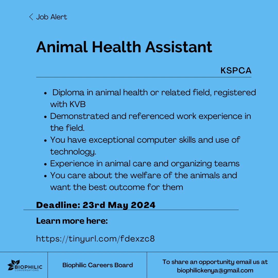 🐾 Join KSPCA as an Animal Health Assistant! 🐾 KSPCA, is seeking a compassionate individual to oversee the Mombasa veterinary clinic. 📍 Mombasa, Kenya 📅 Full-time, Fixed-term contract Deadline : 23rd May 2024 Apply here : tinyurl.com/fdexzc8 #MombasaJobs #KenyaJobs