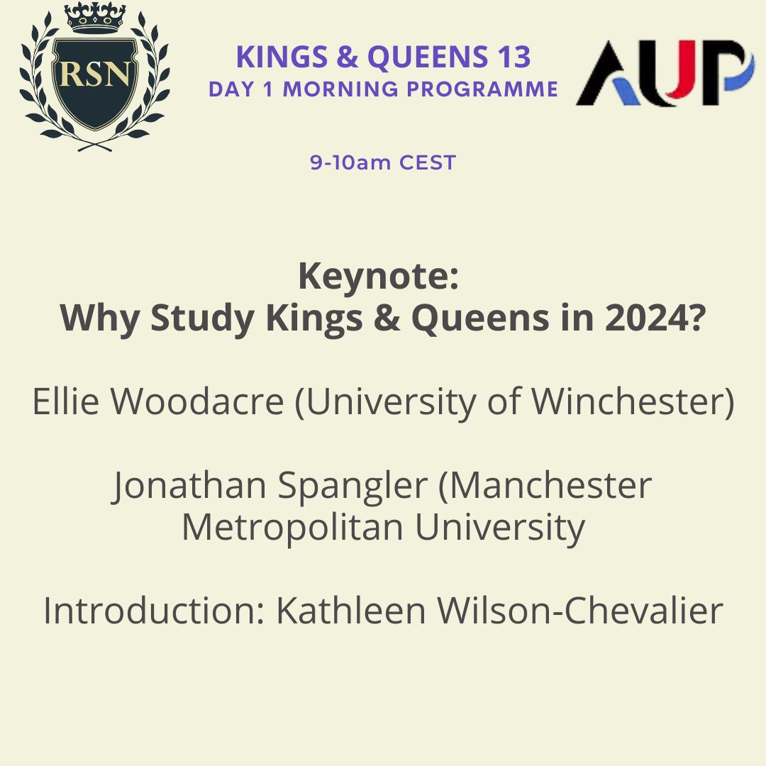 We're getting started soon with our first keynote, with @royalstudiesscholar and @jspan_uk on 'Why Study Kings and Queens in 2024?'. Remember to keep using #KQ13 to share your conference experiences! #conference #Day1 #RoyalStudies #KingsandQueens