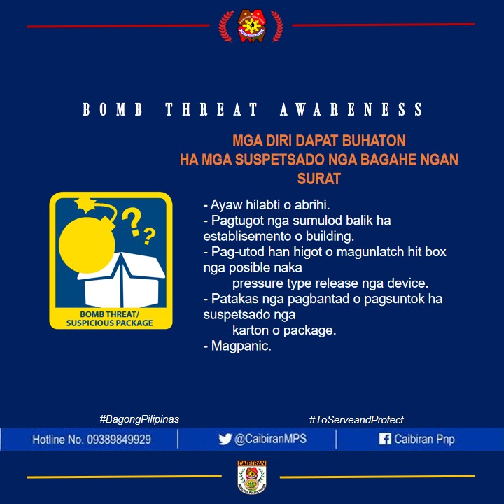 CRIME PREVENTION I Bomb Threat Awareness

'𝑆𝑎 𝐵𝑎𝑔𝑜𝑛𝑔 𝑃𝑖𝑙𝑖𝑝𝑖𝑛𝑎𝑠, 𝑎𝑛𝑔 𝐺𝑢𝑠𝑡𝑜 𝑛𝑔 𝑃𝑢𝑙𝑖𝑠, 𝐿𝑖𝑔𝑡𝑎𝑠 𝐾𝑎!'

#BagongPilipinas
#ToServeandProtect
#CaibiranMunicipalPoliceStation