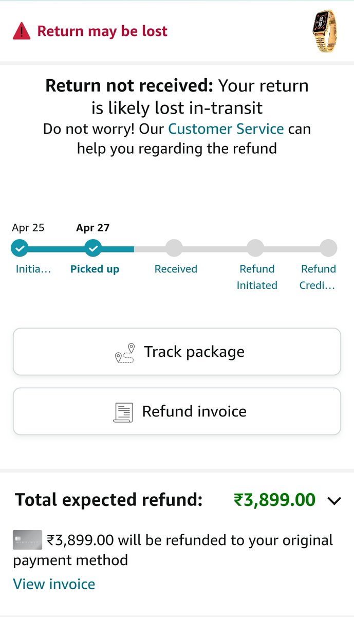 PrajyotBokil's tweet photo. Hello this is prajyot Bokil. 
I ordered Firebolt Watch a days ago and  i requested to return the product back to amazon and the product has been picked up on 27th April 2024 and still we haven't received our refund amount. 
@JeffBezos 
@amazonIN 
@ConsumrConxion https://t.co/2qPzuGDv8P