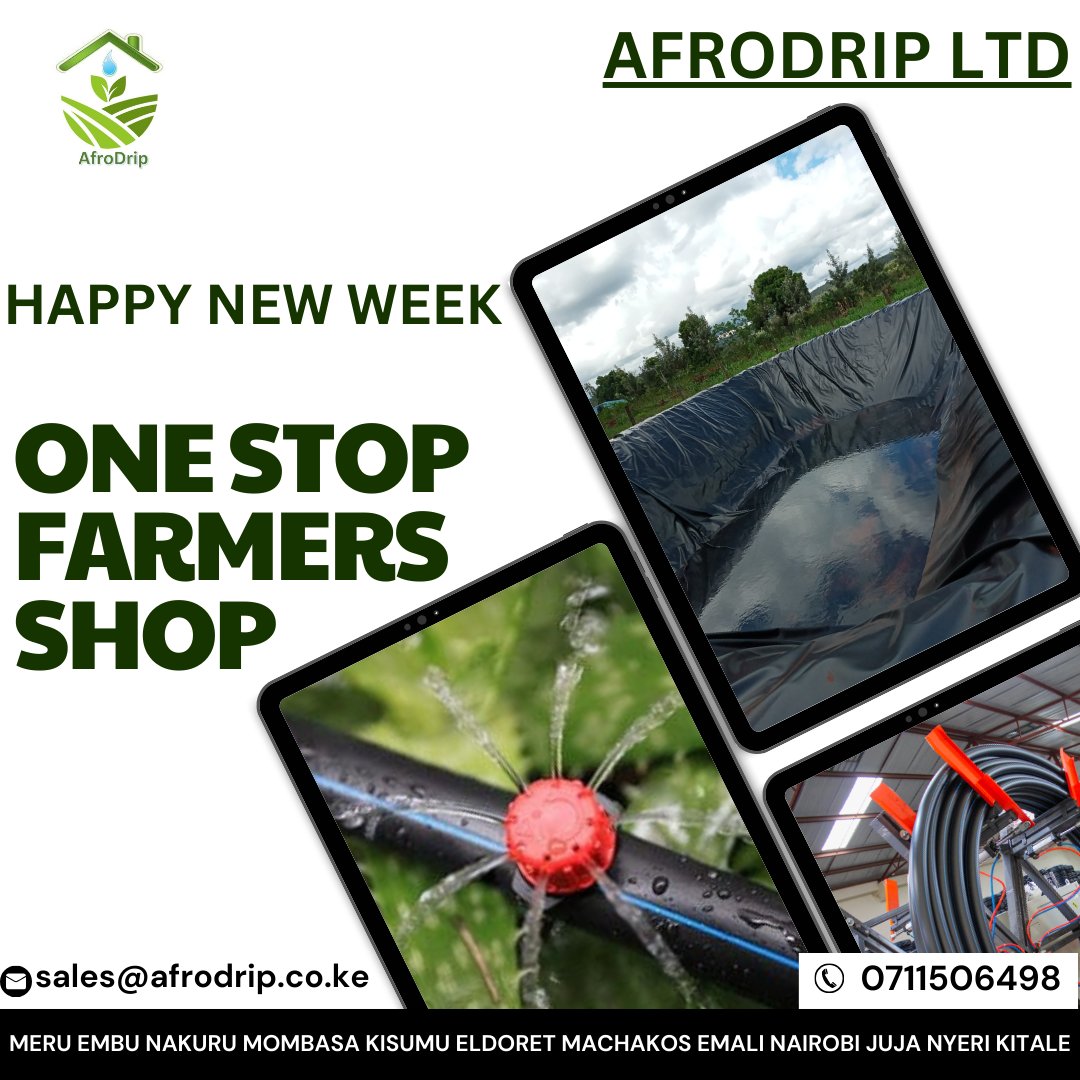 Have a fruitful week with Afrodrip! Your one-stop shop for HDPE fittings, rainhose,greenhouse essentials,drip systems, and more! 🌿 🌟
For further assistance
☎️ 0711506498
✉️ sales@afrodrip.co.ke
Available at all Afrodrip's outlets
#Afrodripinnovation #AgriSupplies #HappyNewWeek