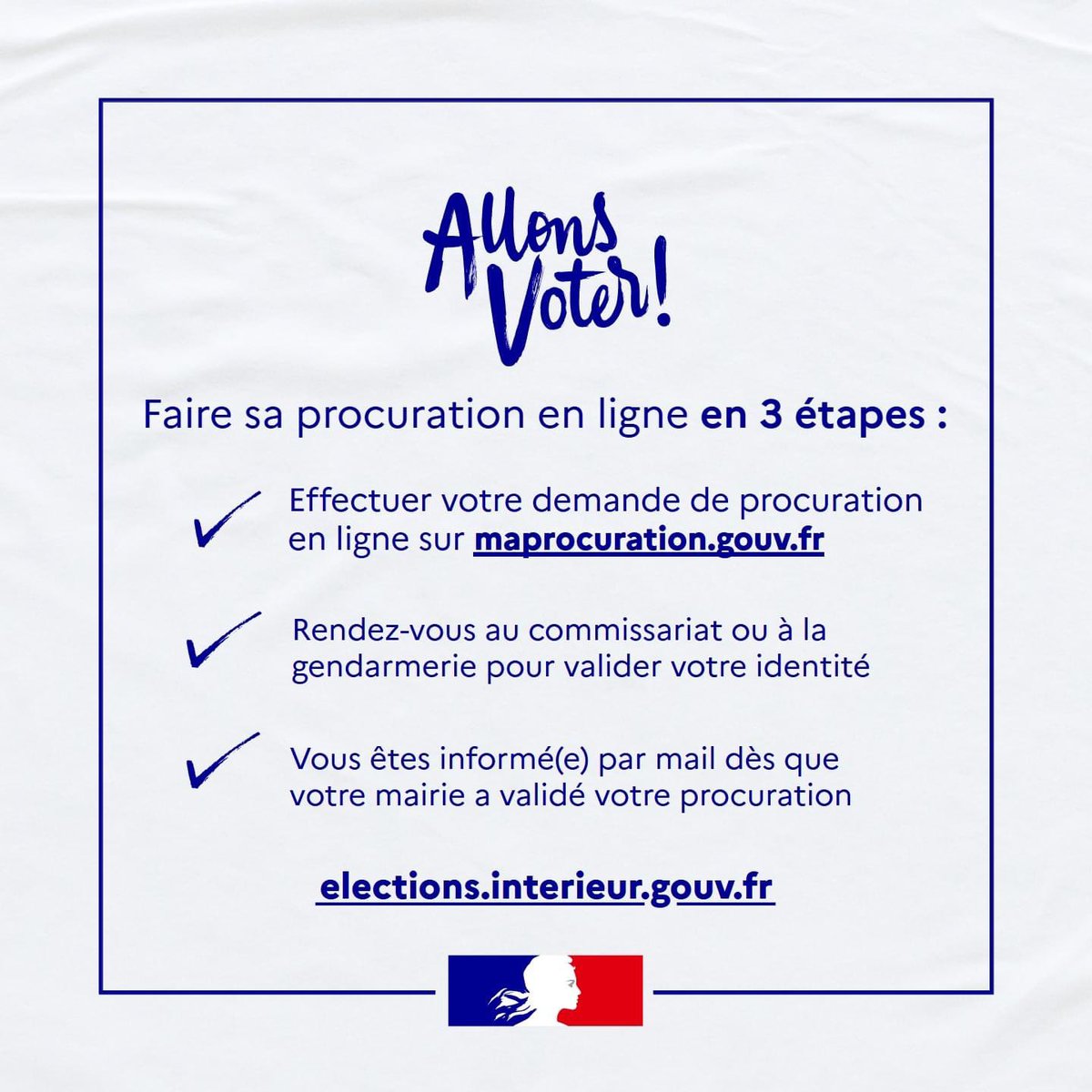 #Européennes2024 #AllonsVoter 🗳🇪🇺

📅 Vous ne pourrez pas vous rendre au bureau de vote le 9 juin ? Vous pouvez charger un électeur de voter à votre place 🗳
👉 Anticipez votre demande sur maprocuration.gouv.fr