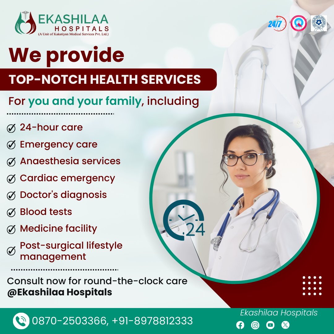 At Ekashilaa Hospitals, we offer
comprehensive health services for you and your family, 24 hours a day.

#ekashilaahospital #warangal #HealthServices
#medicalfacilities #24hourscare #healthandwellness
#healthprofessionals #medicalcare #topnotchhealth
#HealthyChoices #ExpertCare