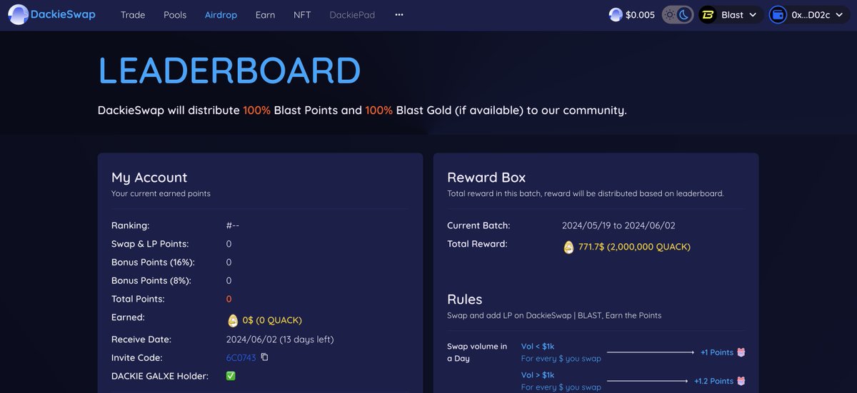 Batch #5 points of #Airdrop Sharing on @Blast_L2 was distributed to our user, please check in some next couple hours 🎉 ⓘ Batch #6 🗓️ Duration: 2024/05/20 - 2024/06/02 🎁 Rewards: Blast Points + 2,000,000 $QUACK Let's quack join: dackieswap.xyz/leaderboard?ch… #DackieInviteCodeBlast