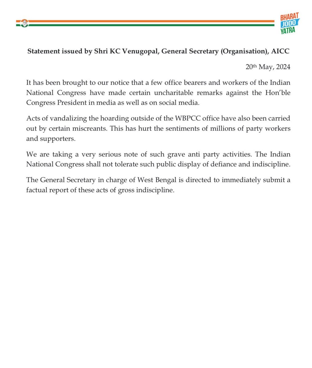 Statement issued by Shri KC Venugopal, General Secretary (Organisation), AICC. 20th May, 2024