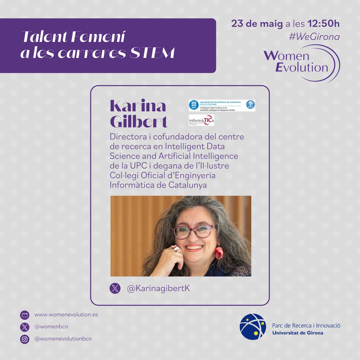 WomenBcn's tweet photo. 👍⭐#WeGirona “Evolution &amp; Grow”  Ens proposem canviar la tendència i aconseguir que més dones joves s'animin a estudiar carreres STEM. Vols saber com? No et perdis la ponència de @KarinagibertK 
🗓️23 de maig @ParcUdG #Girona 
#DonesSTEM #STEM #carreresSTEM  #StemWomen #STEM https://t.co/WlhUdvxUYf