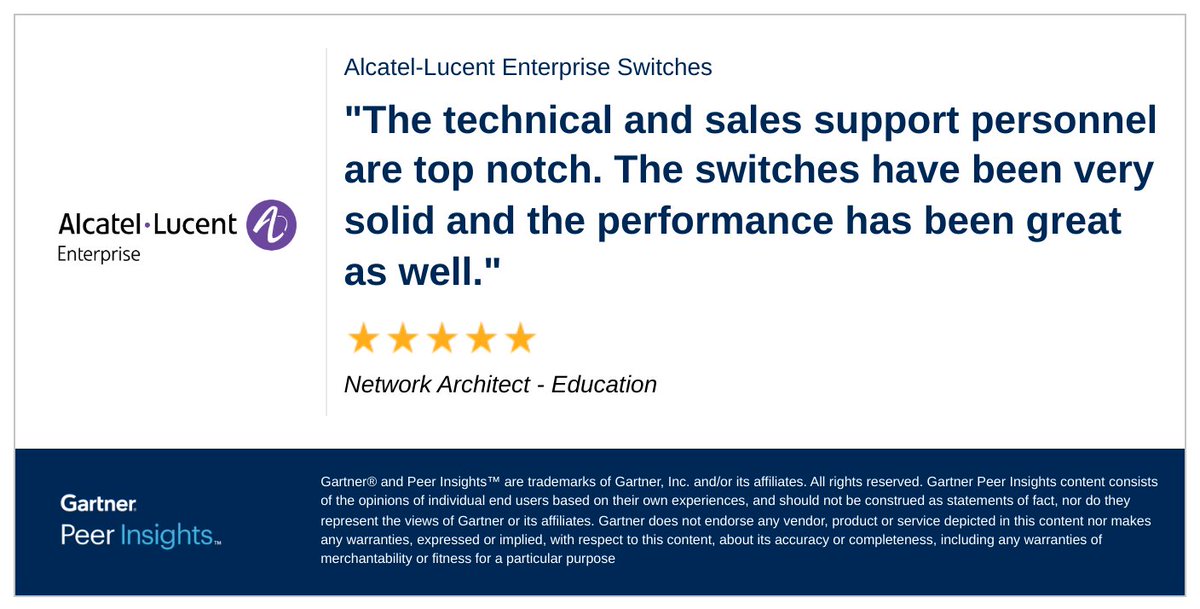 Network Architect in the Education Industry gives Alcatel-Lucent Enterprise Switches 5/5 Rating in Gartner Peer Insights™ Enterprise Wired and Wireless LAN Infrastructure Market. Read the full review here: gtnr.io/y5D11EPiG #gartnerpeerinsights