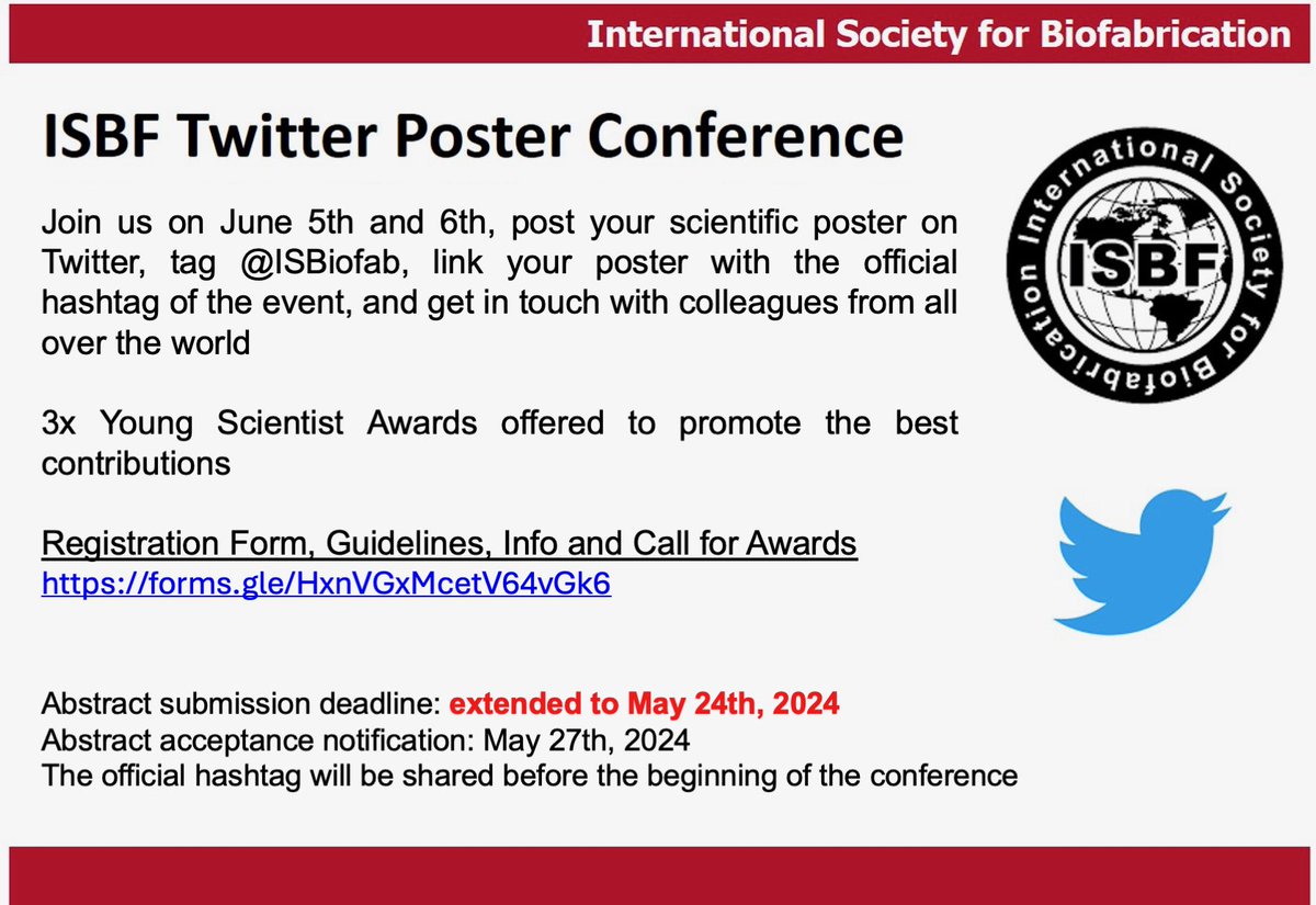 Intl Soc Biofab (@isbiofab) on Twitter photo "The abstract deadline for the <a href="/ISBioFab/">Intl Soc Biofab</a> Twitter Poster Conference on June 5/6thĀ has been extended to Friday May 24th. If you are an early career researcher in biofabrication, register now to participate and share your latest research. Awards included for best contributions!" "The abstract deadline for the <a href="/ISBioFab/">Intl Soc Biofab</a> Twitter Poster Conference on June 5/6thĀ has been extended to Friday May 24th. If you are an early career researcher in biofabrication, register now to participate and share your latest research. Awards included for best contributions!"