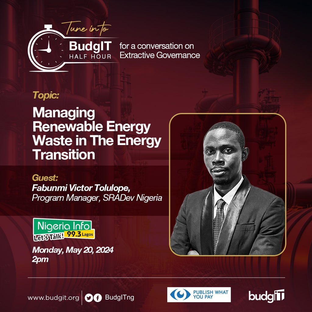 What are the challenges with managing renewable energy waste in Nigeria’s Energy Transition? Tune in to #BudgITHalfHour, where Fabunmi Victor Tolulope, Program Manager, @sradev Nigeria, will speak to the challenges and way forward. Listen here: nigeriainfo.fm/player/