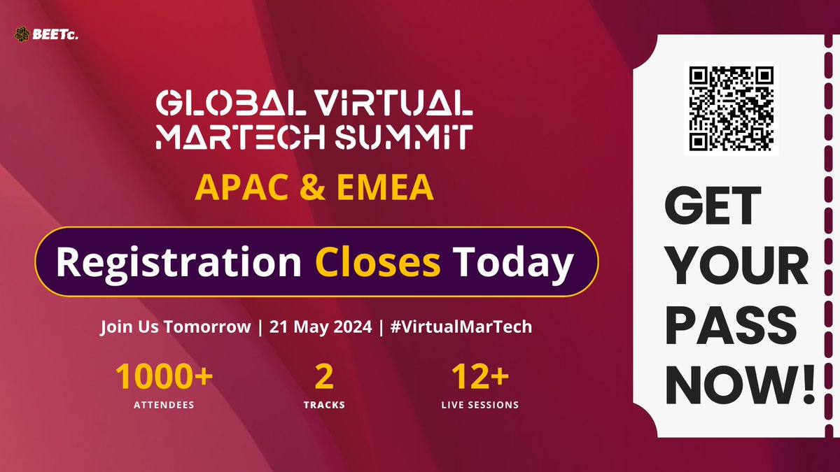 Martech_Summit's tweet photo. Global Virtual MarTech Summit APAC & EMEA is taking place tomorrow! Complimentary registration will close today at 3pm (BST) β°β°β°
β‘Register now to get access to both tracks!
π #APACTrack: https://t.co/82wyGCRkUQ
π #EMEATrack: https://t.co/D4peIpI2mD https://t.co/JdlgN7L927