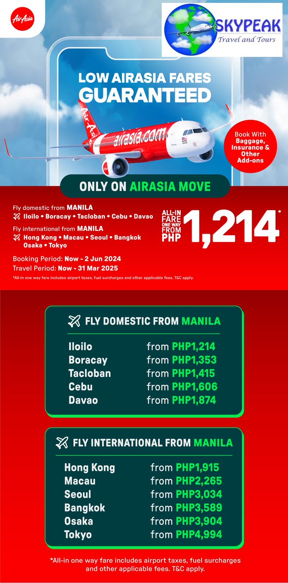 👀Reaaaally low #AirAsia fares! It can't get any lower than this from as low as PHP1,214! Promo Period: Now - 2 Jun 2024 Travel Period: Now - 31 Mar 2025. Book now at fb.com/skypeaktravela… #FlyAirAsia #Skypeak #FlyTheWorldChampion #AirAsiaMOVE @airasia @AirAsiaFilipino