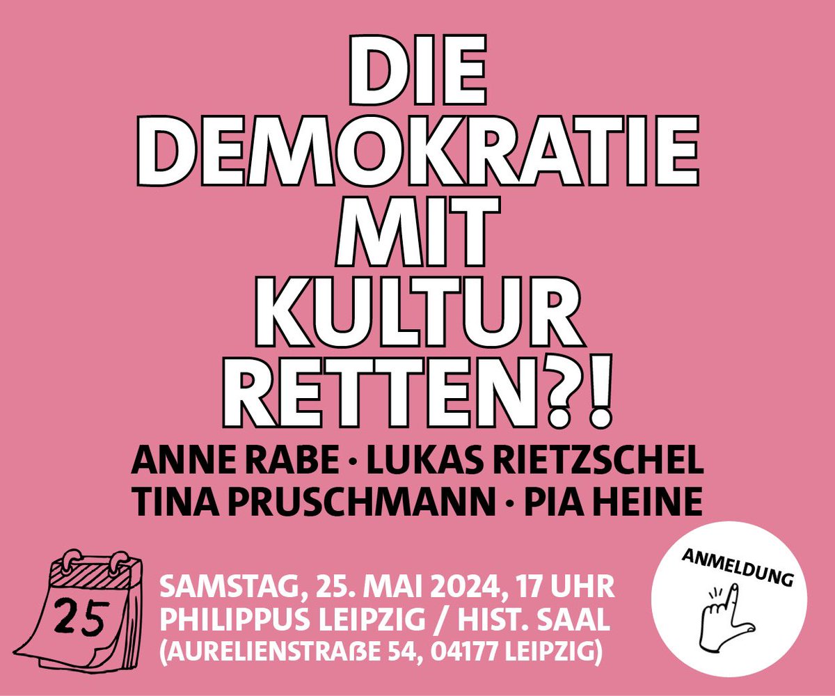 Herzliche Einladung für den 25. Mai um 17 Uhr in PHILIPPUS Leipzig: Die #Demokratie mit #Kultur retten?! Diskussionsrunde mit @AnneRabe2, @tinapruschmann und Lukas Rietzschel, moderiert und organisiert von mir. Ich freu' mich auf euer Kommen und den Austausch! 🫶🏻