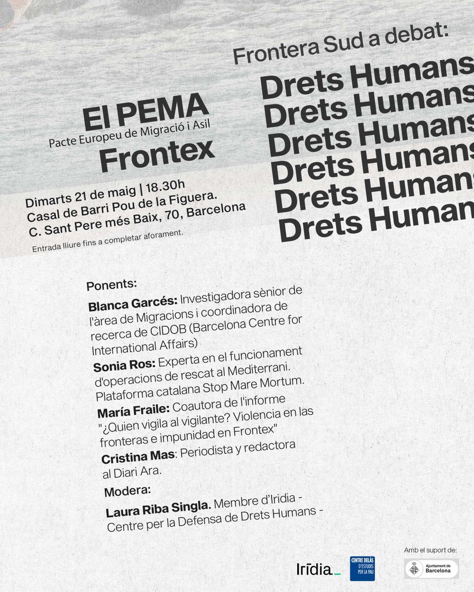 ❗️A menos de un mes de las elecciones europeas y en contexto postelectoral en Cataluña, organizamos un debate sobre la Frontera Sur, el Pacto Migratorio Europeo #PEMA y Frontex 🗣️Con @blancagarcesmas @soniarosm @cristinamas_ y Maria Fraile 🗓️Mañana, 21 mayo · 18:30h 📍Barcelona