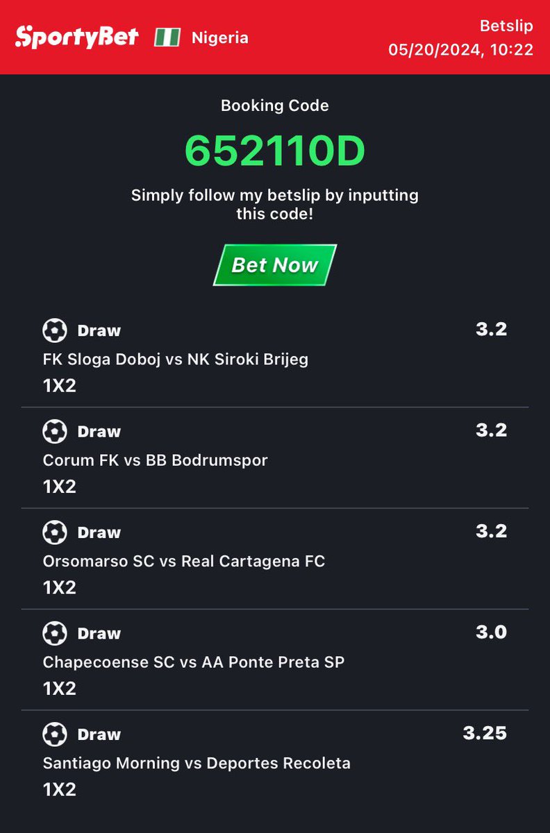Well analyzed 5FTx on betcorrect converted to sportybet🚨

652110D -sporty🧑🏿‍💻 

Follow for conversion of codes to your preferred bookies! 

Retweet for larger audience😤🗣️