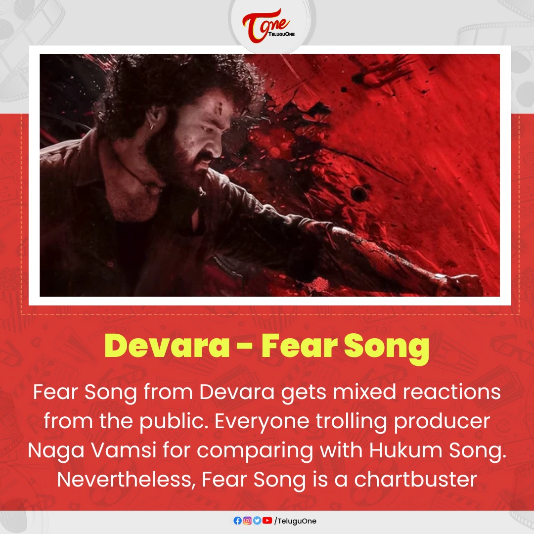 #FearSong from #Devara gets mixed reactions from the public. Everyone trolling producer #NagaVamsi for comparing with #Hukum Song. Nevertheless, Fear Song is a chartbuster.