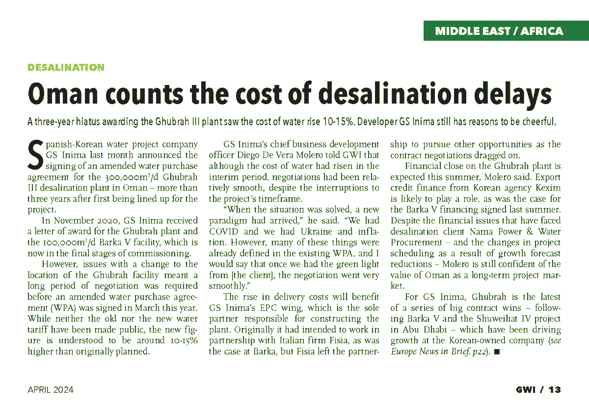 GsInima's tweet photo. In the latest GWI Magazine, DIEGO DE VERA MOLERO, CBDO of GS Inima, discussed the amended water purchase agreement for Ghubrah III. After three years and overcoming many challenges, we are closer to realizing the desalination plant.
Read the full article👇
#weinima https://t.co/0C06nqPNbI