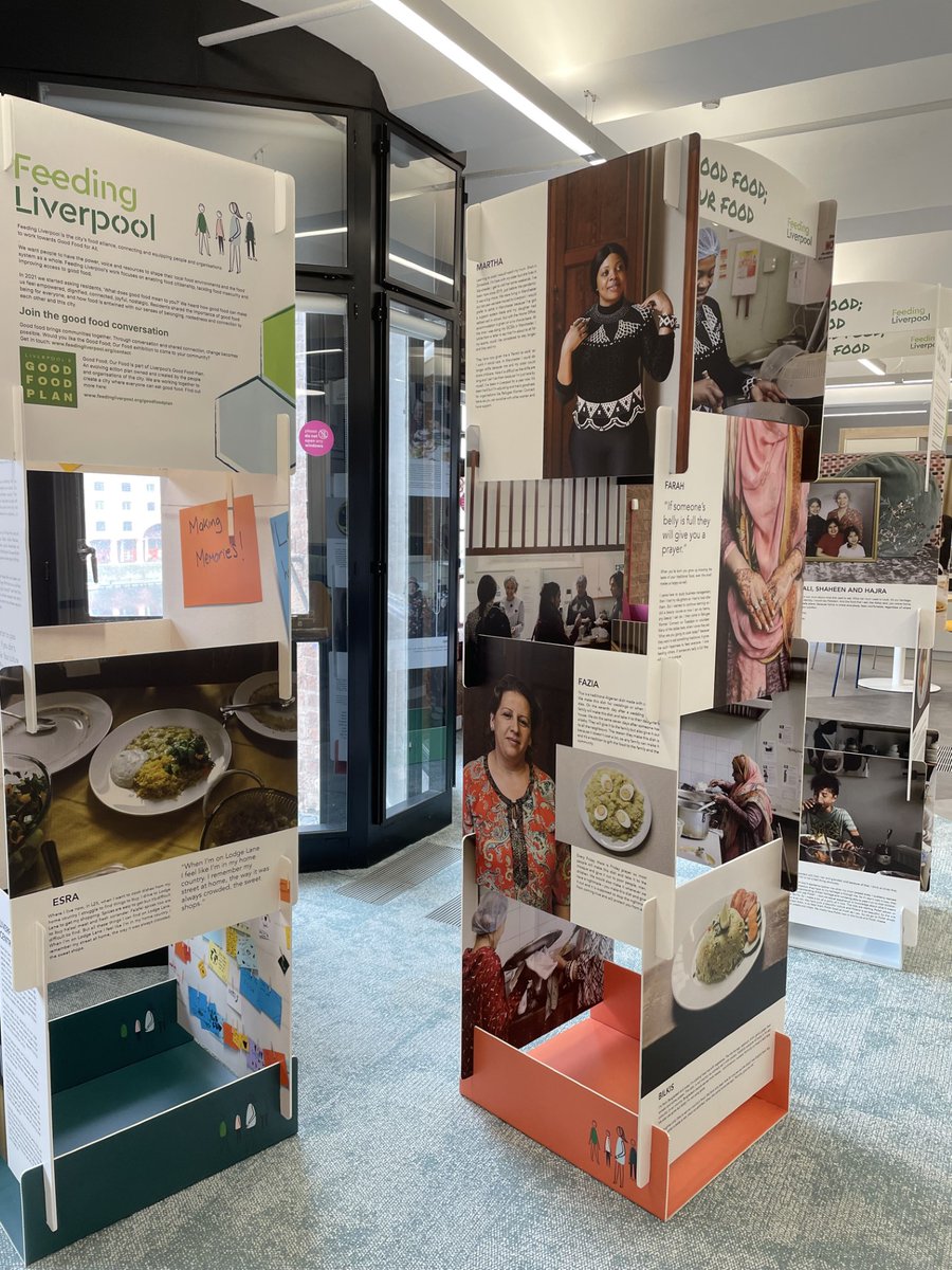 The Good Food; Our Food pop-up exhibition is @PlusDane Housing for the next couple of weeks, prompting thoughts about what #GoodFood means to the community🍽️ Would you like to host the exhibition at your event/organisation? Click here to contact us 👉feedingliverpool.org/contact/