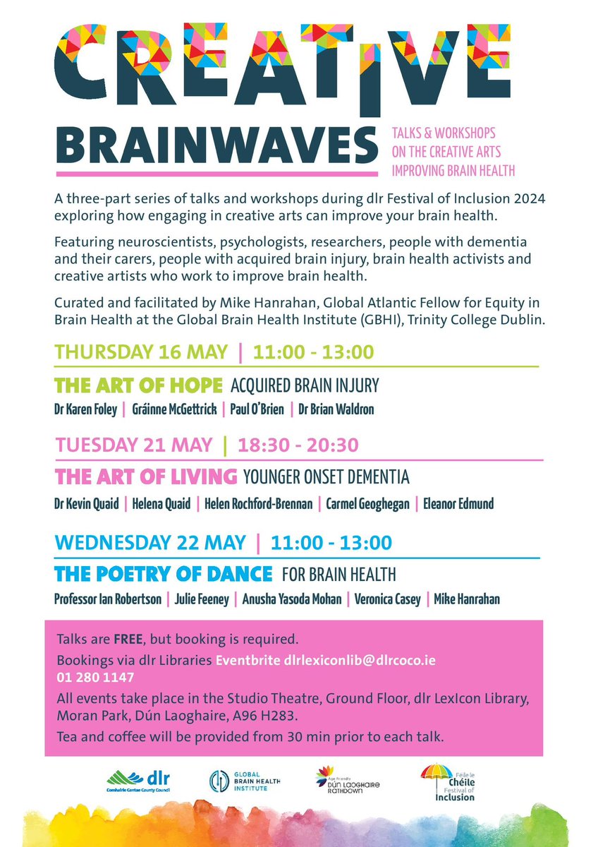 Tomorrow night 6.30PM @DLR_Libraries @dlrLexIcon CREATIVE BRAINWAVES act 2 The art of living . A stellar line up of inspirational speakers. Just a few tkts left @GBHI_Fellows @alzheimersocirl @EngagingDemIrl @KevinQuaid3 @IrishDementiaWG @DCCNIRL @drnire @Arts4Dementia 💚🎶💚