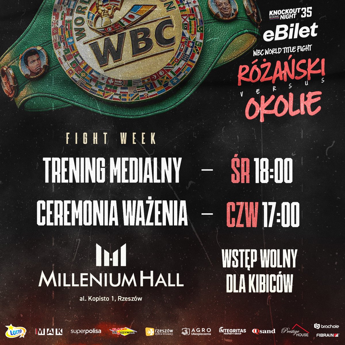 KBN35: Hej, @miasto_rzeszow zapraszamy wszystkich kibiców na Fight Week! 🔥 Zobacz na żywo: Okolie, Różański, Czerkaszyn, Garcia, Czerklewicz + inni 🥊 Trening Medialny: Środa 18:00 ⚖ Ważenie: CZW, 17:00 🏬 Millenium Hall Rzeszów ✅ Otwarte dla kibiców @boxingfun @ringpolska