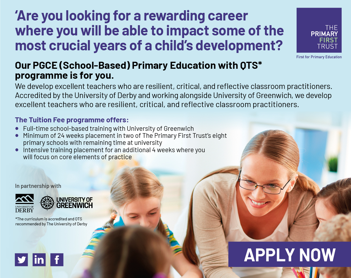 ThePrimaryFirstTrust (@primary1sttrust) on Twitter photo Start your teaching career with us! We have a few places available on our September programme. <a href="/GreEduHealth/">Education, Health & Human Sciences</a> <a href="/UniofGreenwich/">Uni of Greenwich</a> #teachertraining Primary (C557) with The Primary First Trust - Find postgraduate teacher training - GOV.UK (…duate-teacher-training.service.gov.uk) Start your teaching career with us! We have a few places available on our September programme. <a href="/GreEduHealth/">Education, Health & Human Sciences</a> <a href="/UniofGreenwich/">Uni of Greenwich</a> #teachertraining Primary (C557) with The Primary First Trust - Find postgraduate teacher training - GOV.UK (…duate-teacher-training.service.gov.uk)
