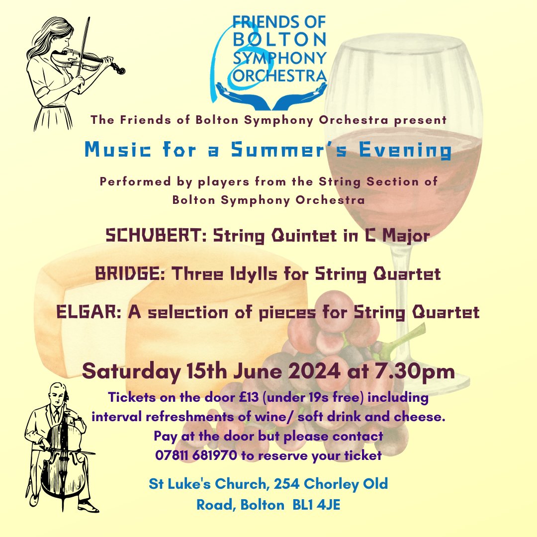 #Concert with #wine and #cheese at St Luke's Church #Bolton. Sat 15th June 7.30pm. #Chambermusic for #strings. Please reserve your ticket in advance. #schubert #bridge #elgar @BoltonFM @BoltonMusicCent @keyspianoschool @BoltonMusic @BoostingBolton @BoothsMusic