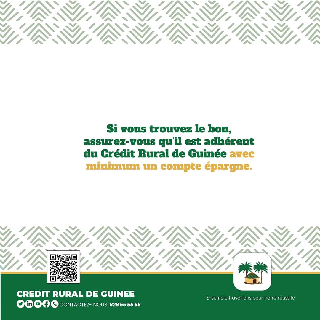 Parce que votre avenir financier mérite une base solide, commencez votre semaine avec ce conseil avisé : Investissez dans votre avenir dès aujourd'hui.

Rejoignez-nous👉creditruralguinee.org

#Guinée #Kibaro #MondayMotivation