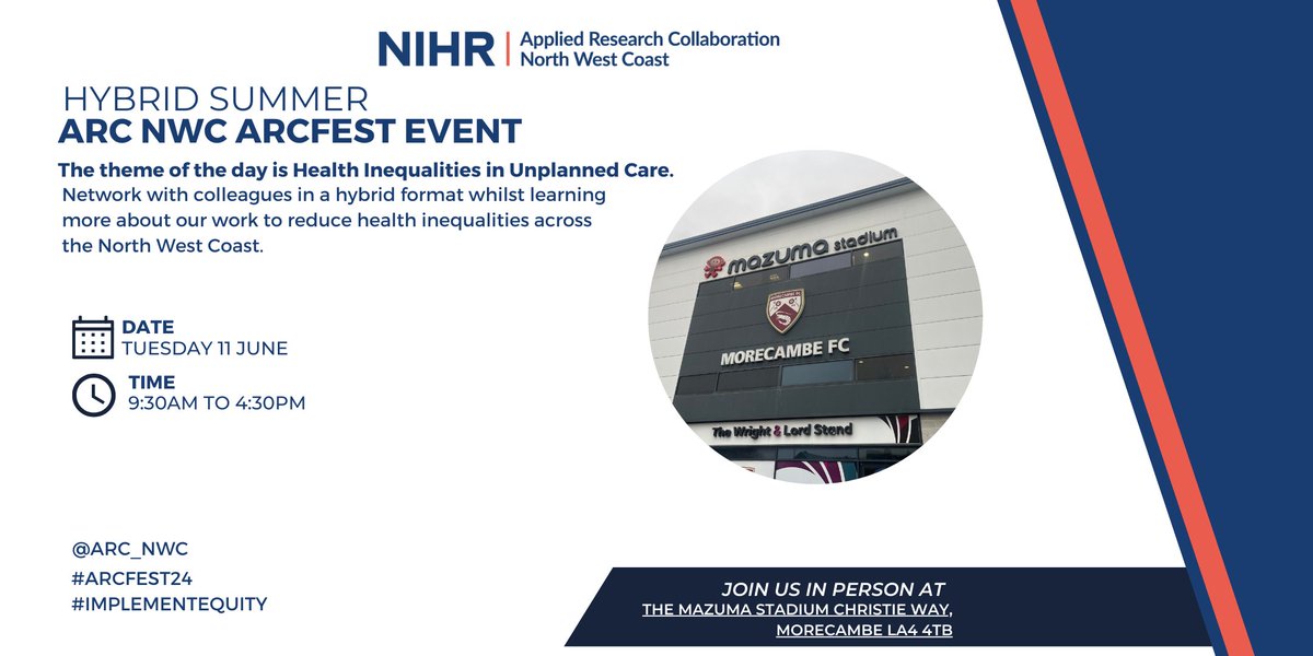 🚨 Save the Date! 🚨 ARCFEST is on June 11, 2024, at the Mazuma Stadium! 🏟️ Join experts from The Walton Centre, Liverpool & Morecambe Bay Hospitals, and more to explore Health Inequalities in Unplanned Care. 🎙️👩‍⚕️👨‍⚕️ Register here:🔗tinyurl.com/58xjyhx9 #ARCFEST24