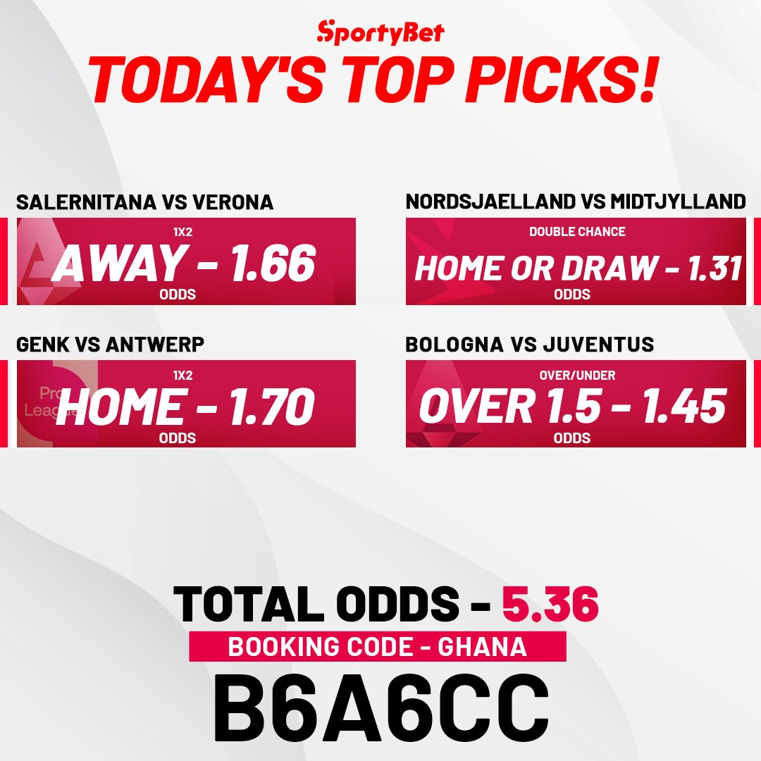 Good morning, #SportyPeople! 🌞 Get ready for a week of good fortune with today's top picks, boasting an incredible 5.36 odds! 💰 🇬🇭🔢 Load booking code: B6A6CC 🖇️sporty.bet/load_booking_c… #GetSporty #BetSporty #WinningWeek