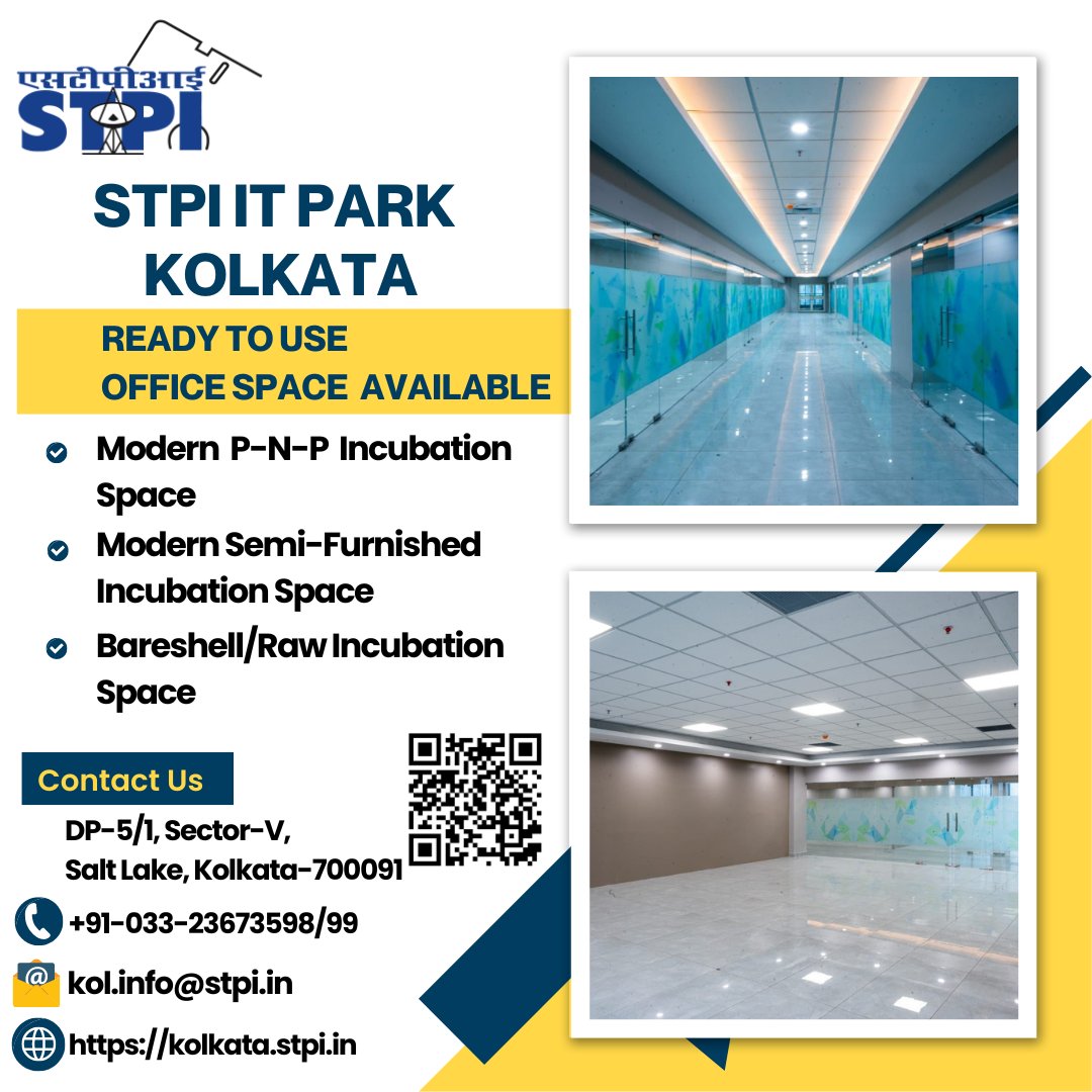 Ready-to-use Modern P-n-P, Semi-furnished, Bare-shell/Raw office #Incubation space is available at STPI IT PARK #Kolkata for IT/ITeS industry, startups and entrepreneurs. Located at STPI IT PARK, Block-DP-5/1, Sector-V, Kolkata. #StartupIndia #GrowWithSTPI @arvindtw