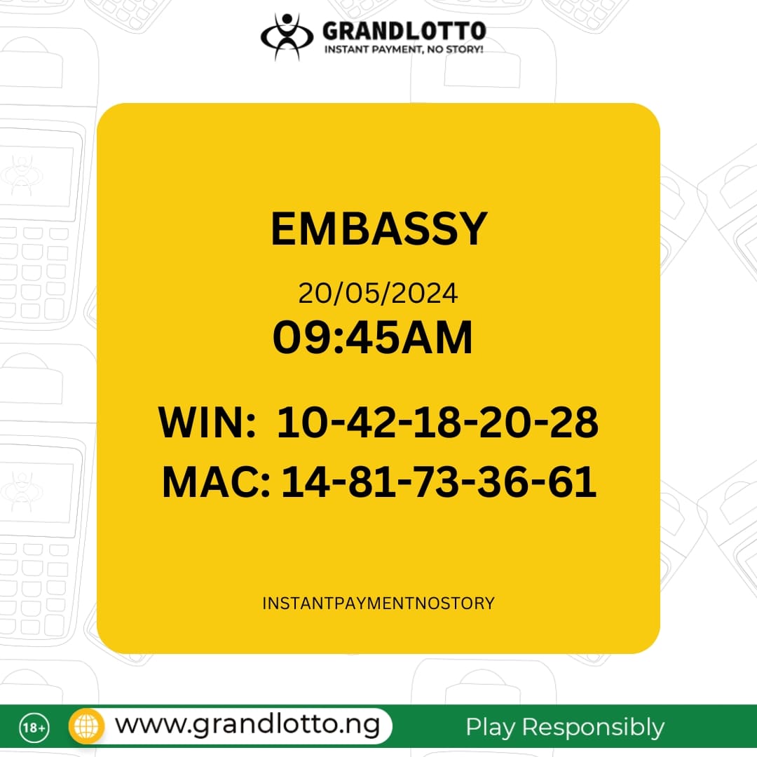 EMBASSY RESULT grandlotto.ng #Instantpayment #nostory #Grandlotto #lotto #Lottonigeria #indoorgames #playandwin #playanywhere #winningsanywhere #cashout #chooseyellowterminal