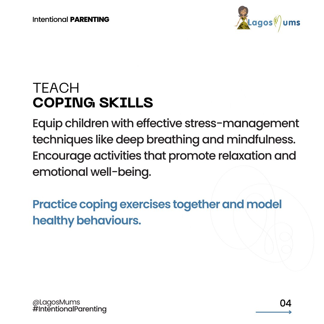 3️⃣ Teach coping skills like deep breathing and mindfulness for stress management. 🌸 

#LagosMums #Family #FamilyGoals #IntentionalParenting #ParentingTips #Parenting #MentalHealth #MentalHealthAwareness