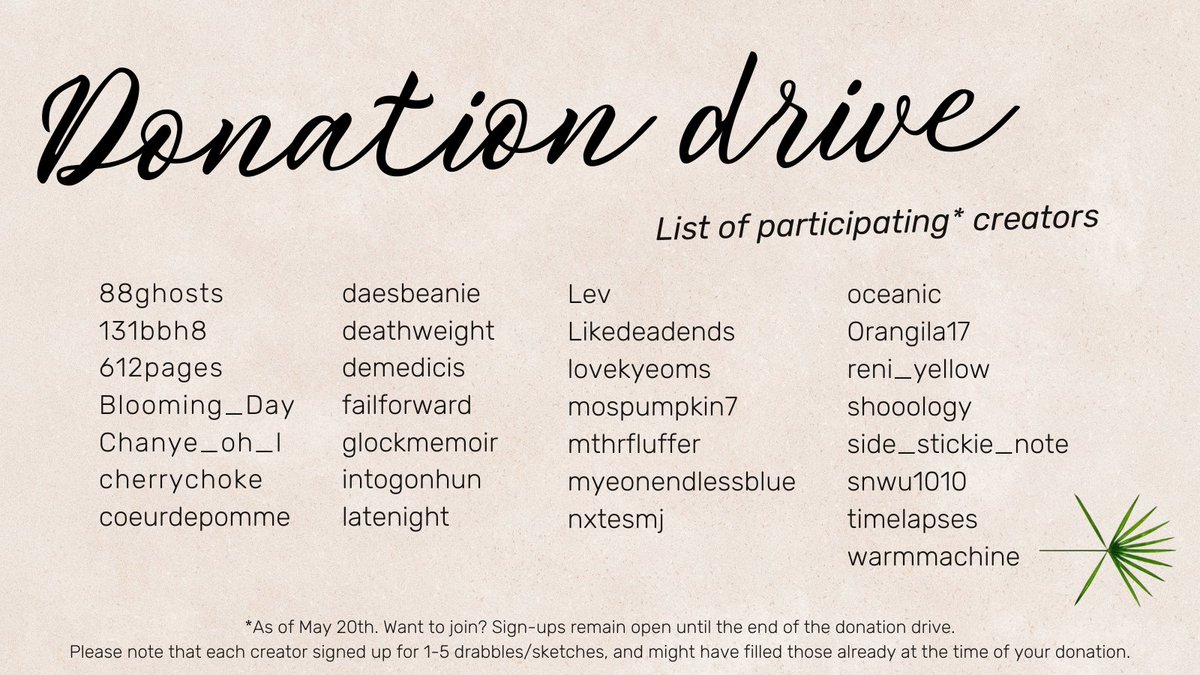 And these are our participating creators as of now!

If you'd like to join as well, please do! Creator sign-ups will remain open until the end of the donation drive: tinyurl.com/4vp5985m