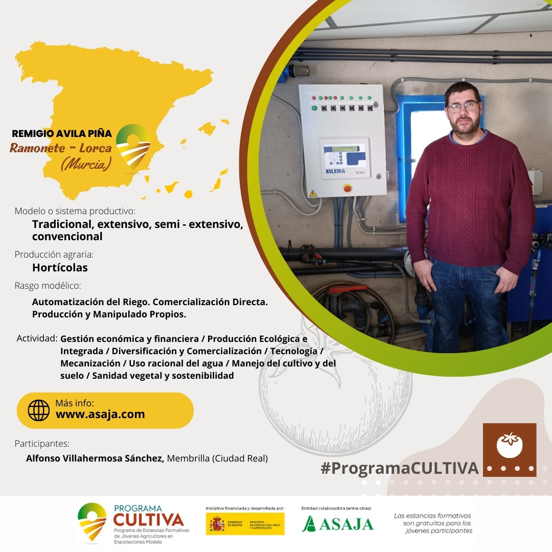 Alfonso Villahermosa, de #CiudadReal, conoce técnicas de automatización de riego, producción y comercialización en #Ramonete - #Lorca (#Murcia) gracias al #ProgramaCULTIVA

👉 ow.ly/A5Ts50REPml
👉 ow.ly/GWBy50REPmk @mapagob
@asajacr @ASAJAMURCIA #ASAJAProgramaCULTIVA