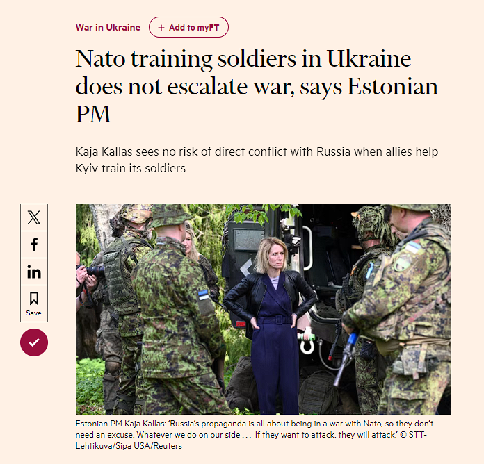 Nato allies should not fear that sending troops to Ukraine to train its soldiers would risk dragging the military alliance into war with Russia, Estonia’s prime minister Kaja Kalas said.

'There are countries who are training soldiers on the ground already, and they did so at