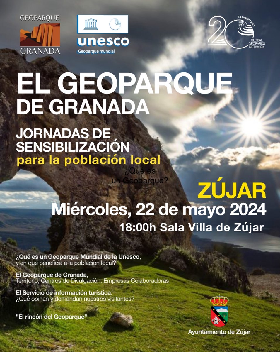 ¿Quieres conocer en profundidad el #GeoparquedeGranada? El próximo miércoles, 22 de mayo, puedes venir a una de nuestras jornadas de #sensibilización, abiertas a toda la ciudadanía. #Zújar 18:00h Sala Villa de Zújar ¡Te esperamos!