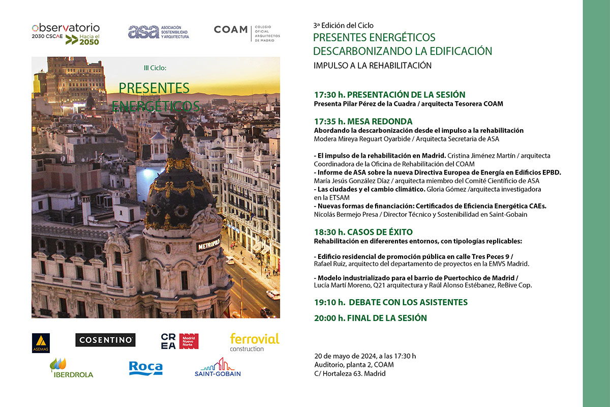 Hoy, a las 17:30 h, se celebra el cuarto taller del III Ciclo 'Presentes Energéticos. Descarbonizando la edificación', coorganizado por el @Obs2030_CSCAE, @asociacionASA y el @COAMadrid

📍Auditorio COAM - Madrid
👉🏻Presencial y online

coam.org/es/actualidad/…