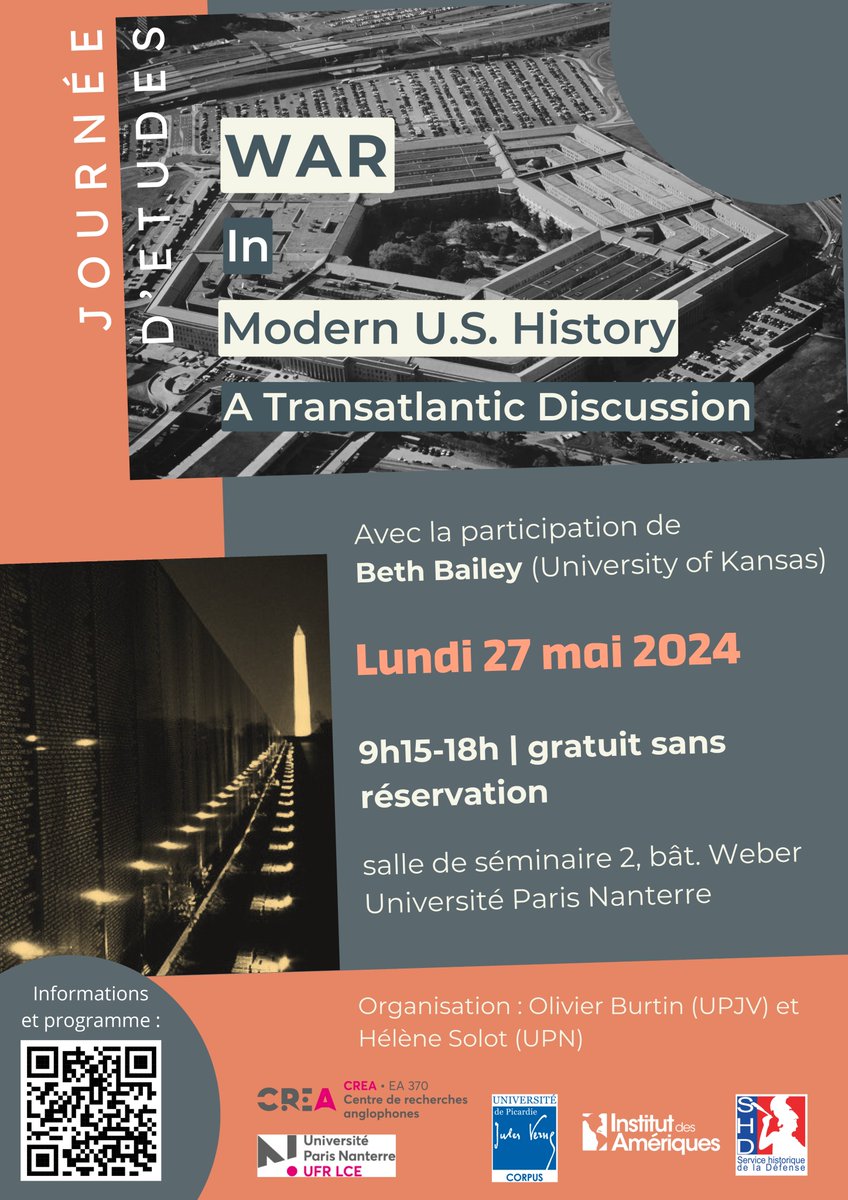 Ravie d’annoncer la journée "War in Modern US History : A Transatlantic Discussion" qui se tiendra <a href="/UParisNanterre/">Université Paris Nanterre</a> le lundi 27 mai. Toutes les informations sont ici : shorturl.at/UNmj4. Avec le soutien de <a href="/UPJV_Univ/">Université de Picardie Jules Verne</a> <a href="/CreaNanterre/">CREA Paris Nanterre</a> <a href="/UPN_Recherche/">Université Paris Nanterre - 𝐑𝐞𝐜𝐡𝐞𝐫𝐜𝐡𝐞</a> <a href="/idameriques/">Institut des Amériques</a> @DeHistorique