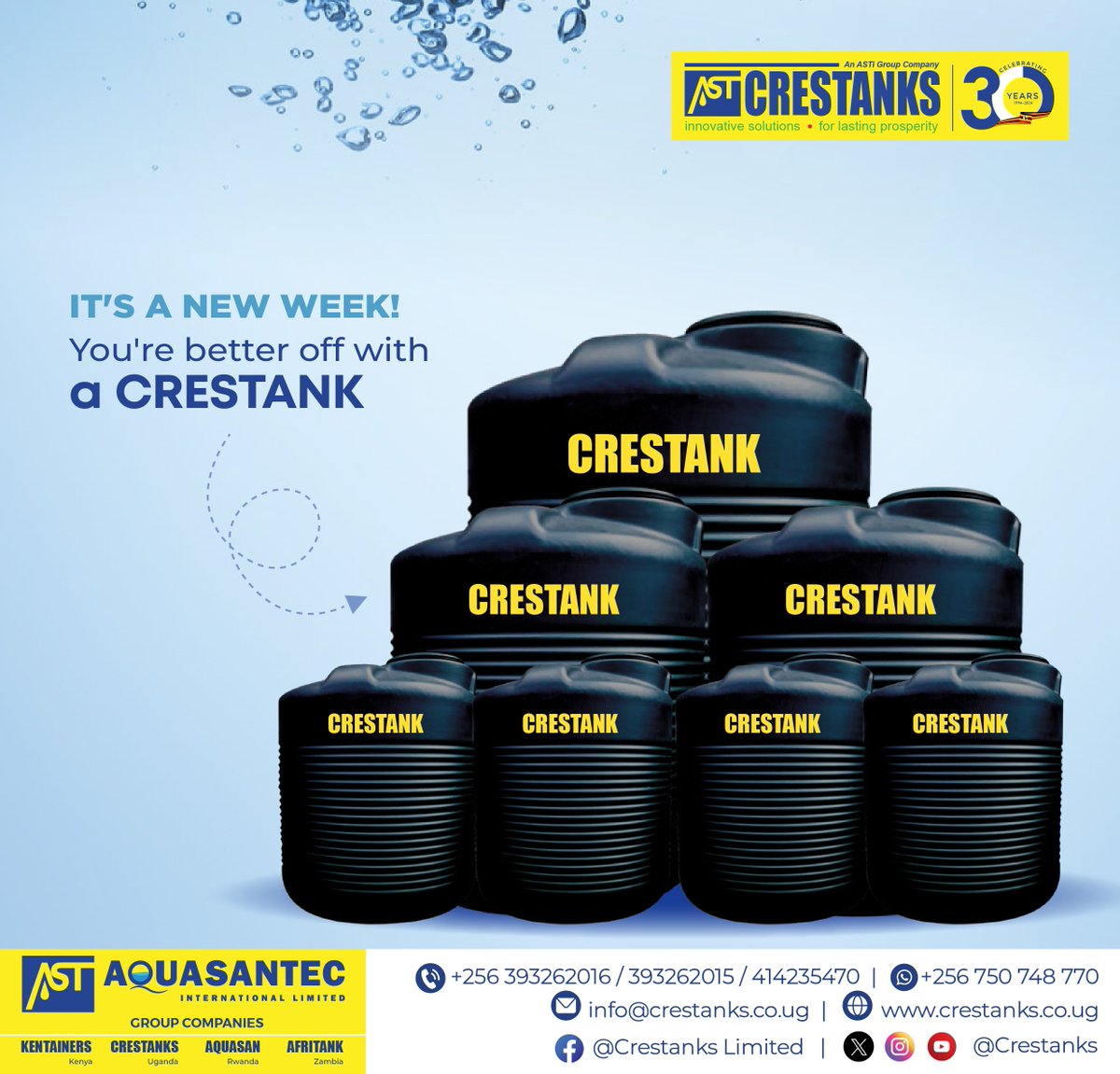 You need a tank you can trust and count on this new week!

Contact us on 0750748770 to place your orders.

#Crestanks #plasticproducts #watertanks #newweek