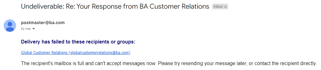 ACPaysPayments's tweet photo. @British_Airways You bumped me off my flight from Gatwick and I have been waiting for you to remunerate me, as per EU regulations, for 3 months now.
Please get this sorted. You've sent emails but I cant reply because your inbox is "full". Can we sort this professionally please? https://t.co/ynKOBuBF2J