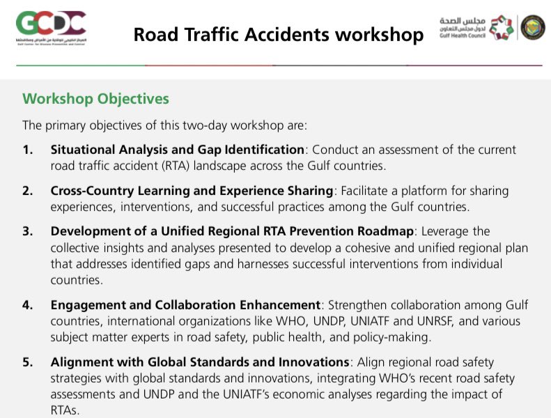 KulikovUNIATF's tweet photo. 📢 Happening now: Road Traffic Accidents workshop by @GulfCDC and @GHC_GCC in Riyadh.

We just shared a preliminary results of 🚑🩼🚶🏽‍♀️🏥  #RoadSafety investment cases for Saudi Arabia, UAE, Qatar, Kuwait, Bahrain and Oman being developed by @un_ncd @WHO @UNDP @WHOEMRO @UN_RSF https://t.co/Vmt2XbSIAk