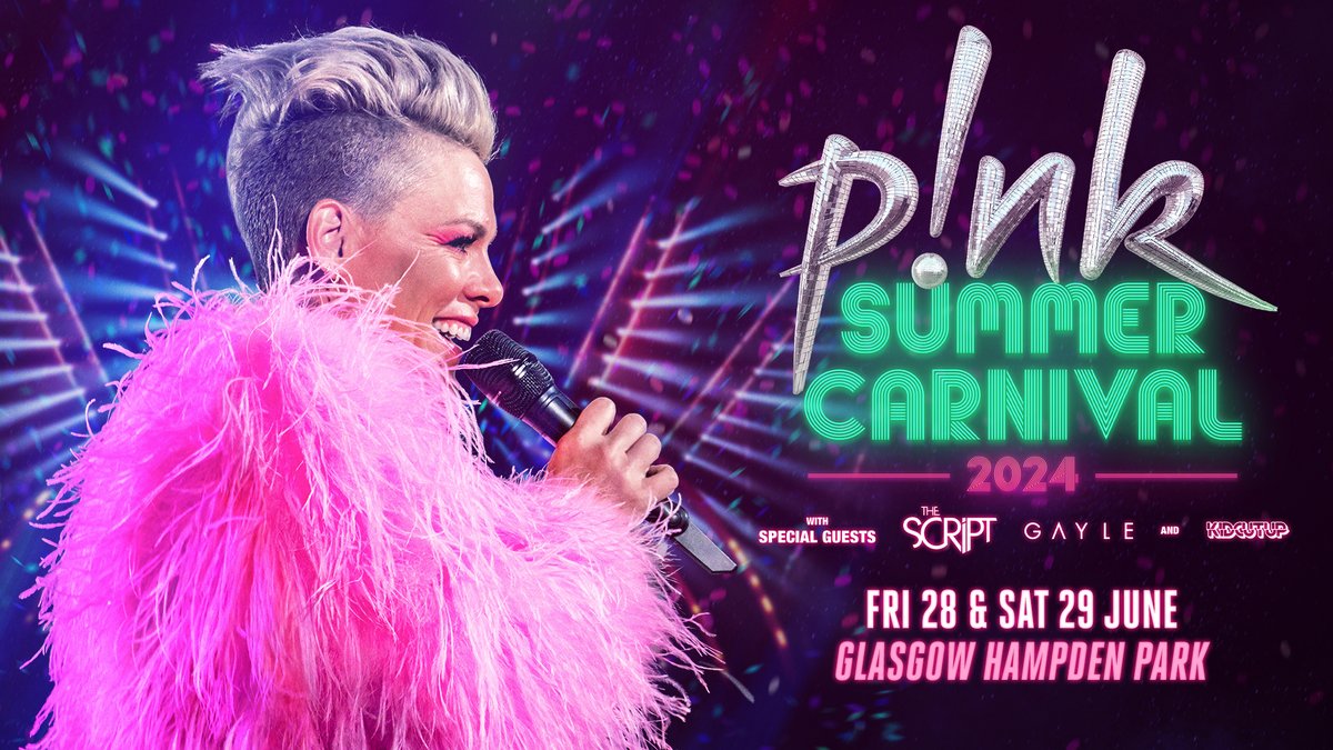 It's almost time for the Summer Carnival with P!NK! Joining the music icon at Hampden Park on Fri 28 & Sat 29 June is a huge supporting lineup, including The Script, GAYLE and KidCutUp. If you haven't grabbed your tickets yet, do so now ➡️ bit.ly/4amH064
