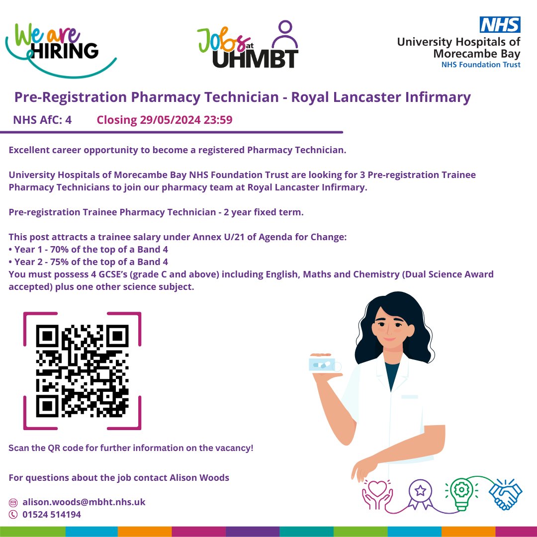 UHMBTApprentice's tweet photo. 📢@UhmbPharmacy are currently recruiting to multiple exciting #apprenticeship positions at the RLI, WGH and FGH! More info on each:
RLI: https://t.co/x4pI85MOAe
WGH: https://t.co/26PNk2K7c2
FGH: https://t.co/72zH8gNHGL
#morecambebay https://t.co/y5RX4wrft7