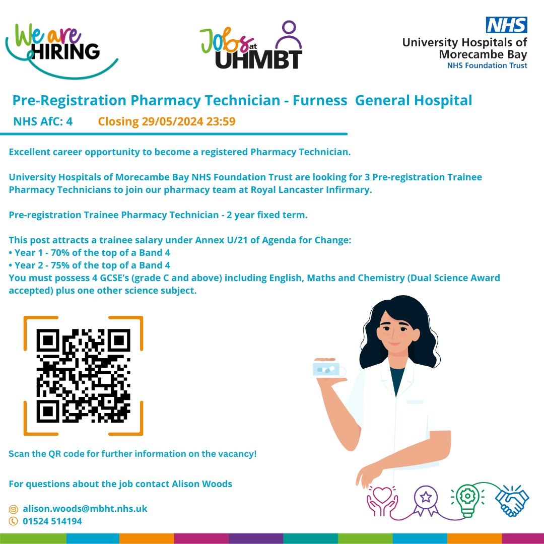 UHMBTApprentice's tweet photo. 📢@UhmbPharmacy are currently recruiting to multiple exciting #apprenticeship positions at the RLI, WGH and FGH! More info on each:
RLI: https://t.co/x4pI85MOAe
WGH: https://t.co/26PNk2K7c2
FGH: https://t.co/72zH8gNHGL
#morecambebay https://t.co/y5RX4wrft7